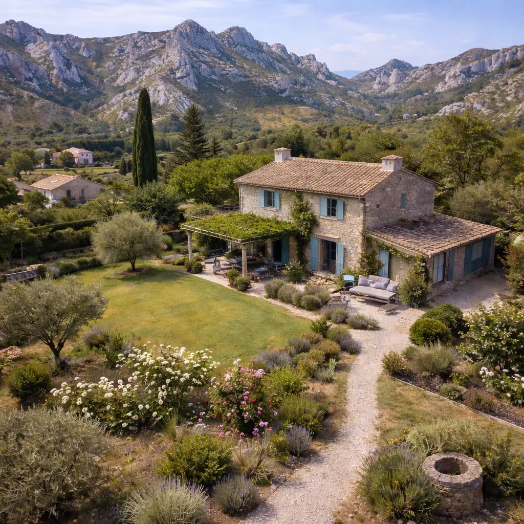 Vue aérienne par drone d'une propriété en Provence montrant maison, terrain et environnement
